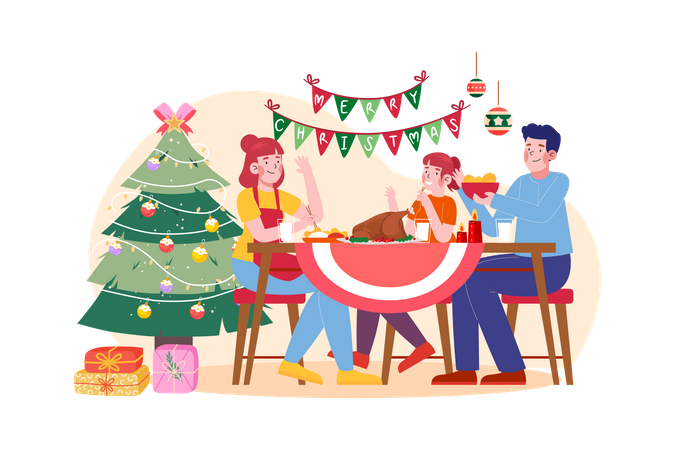 Family serving dinner in christmas night  Illustration