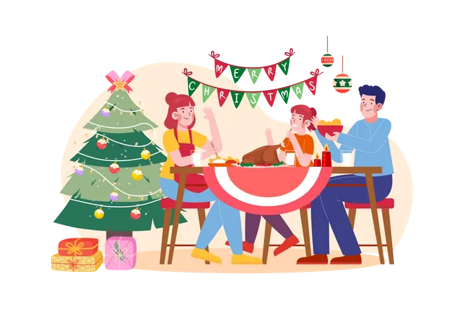 Family serving dinner in christmas night  Illustration