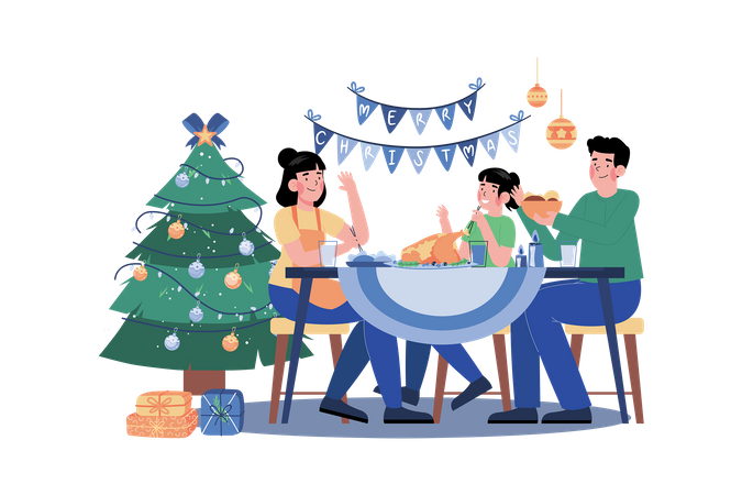 Family Serving Dinner In Christmas Night  Illustration