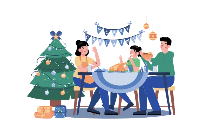 Family Serving Dinner In Christmas Night  Illustration