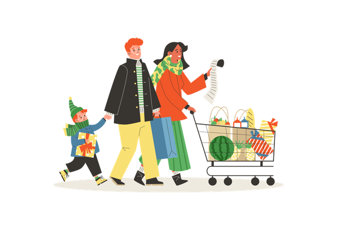 Family shopping day with people buy grocery  Illustration