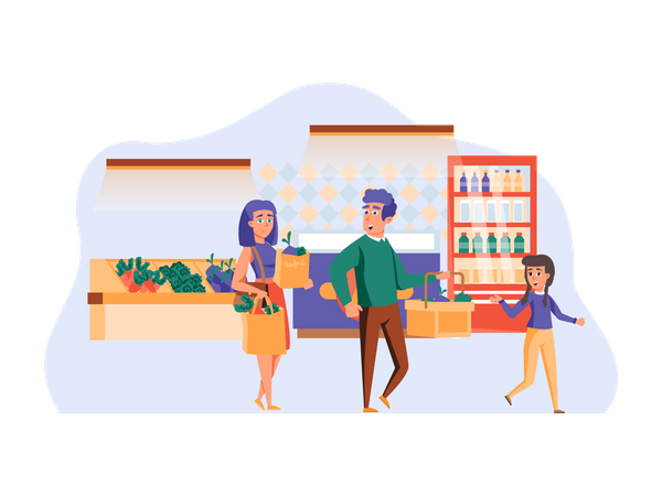 Family shopping for groceries and vegetables  イラスト