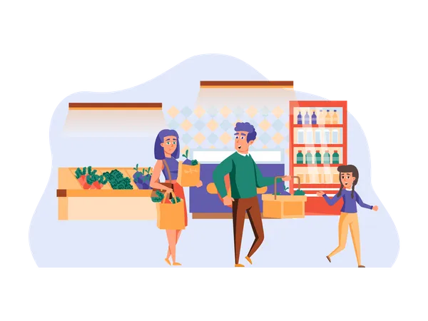 Family shopping for groceries and vegetables Illustration