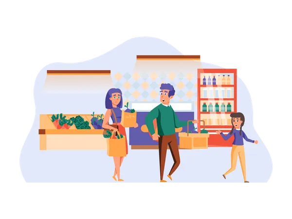 Family shopping for groceries and vegetables  Illustration