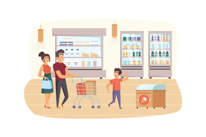 Family shopping in supermarket together Illustration