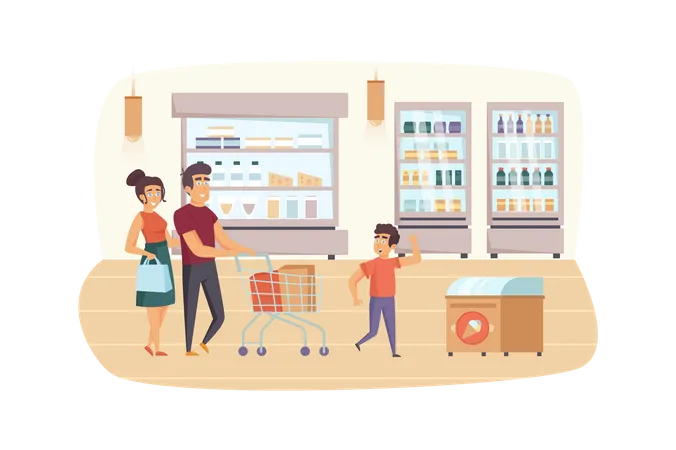 Family shopping in supermarket together  Illustration