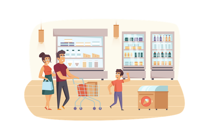 Family shopping in supermarket together  Illustration