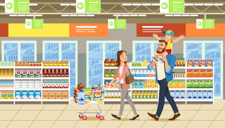 Family shopping in supermarket with product cart  Illustration