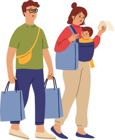 Family shopping. Woman food bag, couple running to shop. Mom carry bags, parents buying clothes to kids. Customers in mall vector character. Female and male, person buyer do shopping illustration  Illustration