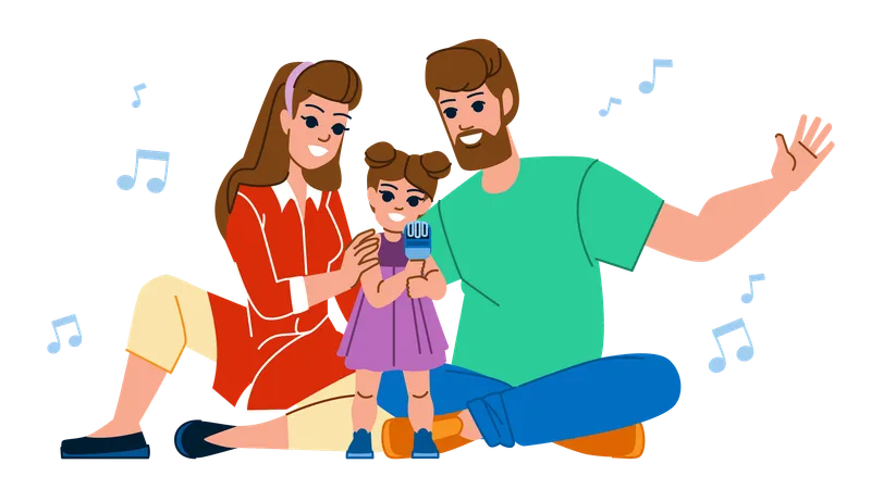Family Karaoke Vector Woman Fun Music Mother Happy Kid Together Young Child Cheerful Daughter Family Karaoke Character People Flat Cartoon Illustration Illustration