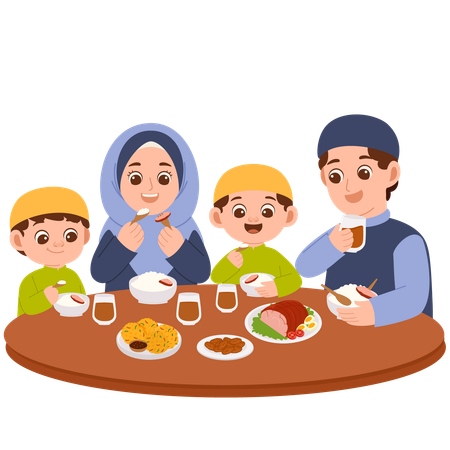 Family sits together for Iftar  Illustration