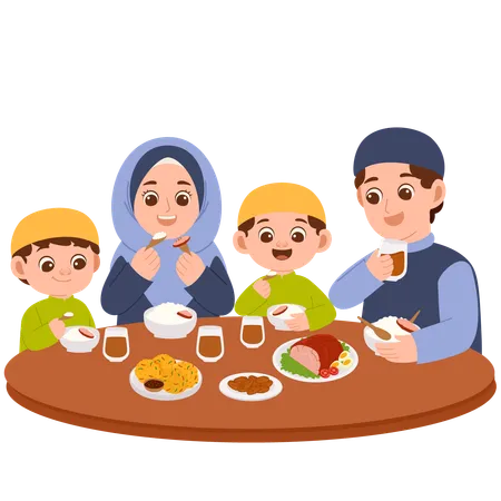 Family sits together for Iftar  Illustration