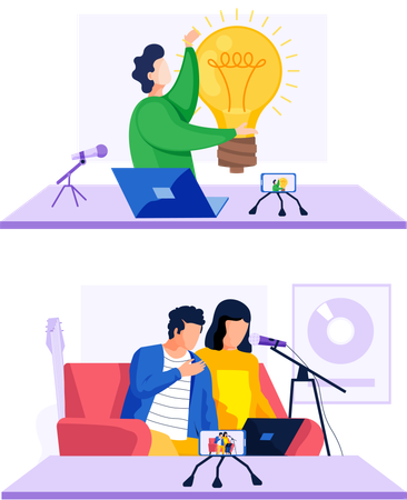 Family sitting at table with laptop while recoding video  Illustration