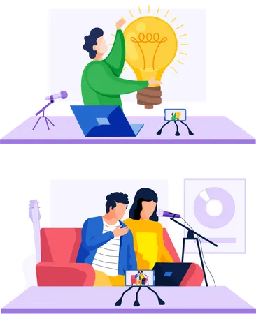 Family sitting at table with laptop while recoding video  Illustration