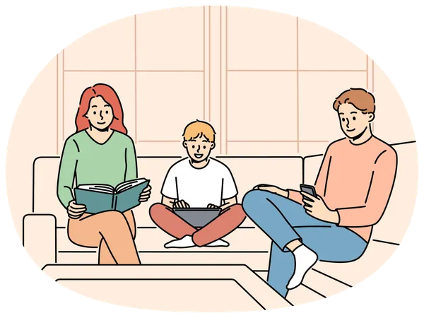 Family sitting on couch ignoring each other for concept of communication problems  Illustration