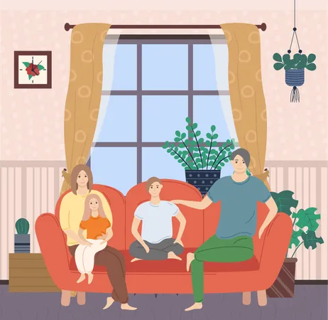 Family sitting on couch together  Illustration