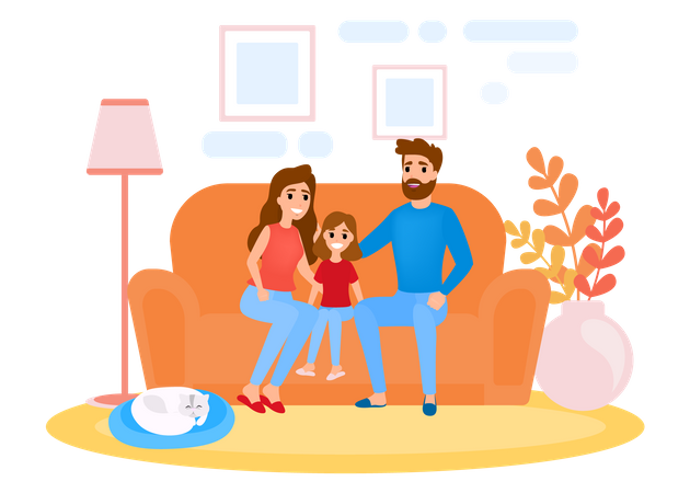 Family sitting on the couch with cat at home Illustration