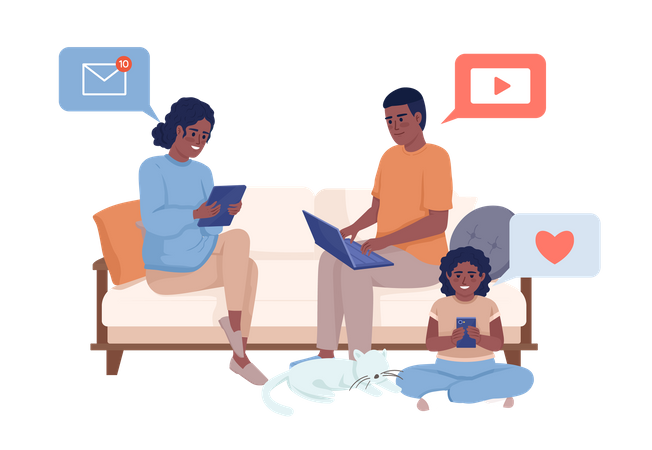 Family sitting together on sofa with gadgets Illustration