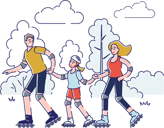 Happy Family Skating Together In Park Parents With Daughter Spending Time Outdoors Having Fun On Rollers Mother Father And Kid Having Fun And Active Lifestyle Linear Vector Illustration 일러스트레이션