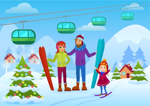Family skiing  Illustration