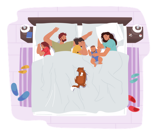 Family Sleep Together On One Bed. Mom, Dad And Kids Embracing Each Other Illustration