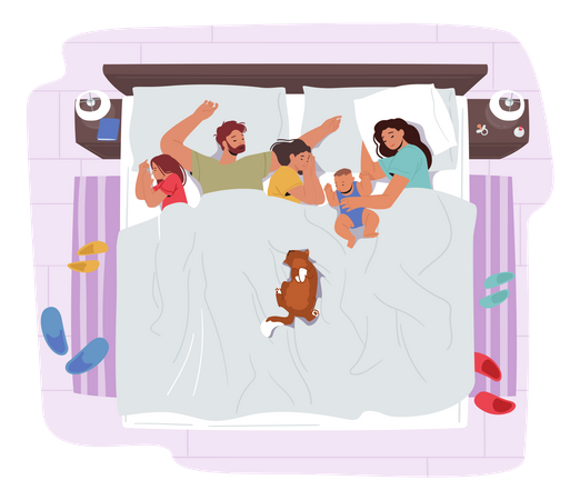 Family Sleep Together On One Bed. Mom, Dad And Kids Embracing Each Other  Illustration