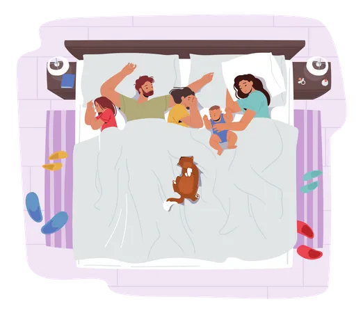 Family Sleep Together On One Bed. Mom, Dad And Kids Embracing Each Other  Illustration