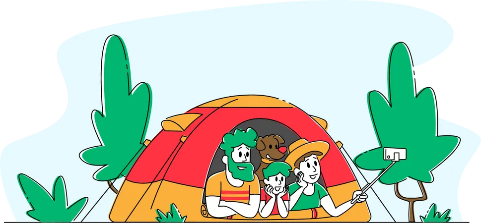 Family sleeping inside tent and taking selfie Illustration