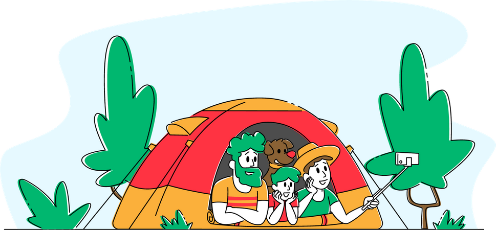 Family sleeping inside tent and taking selfie  Illustration