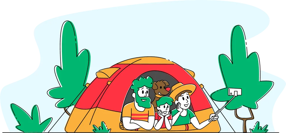 Family sleeping inside tent and taking selfie  Illustration