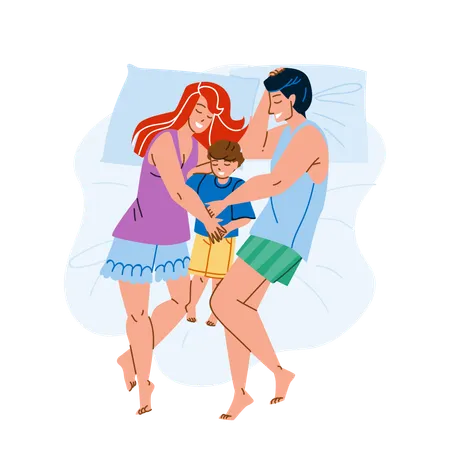 Family Sleeping Together In Home Bedroom Vector Husband Wife And Son Kid Wearing Pajama And Sleep In Apartment Bedroom Happiness Characters Recreation Bedtime Flat Cartoon Illustration Illustration
