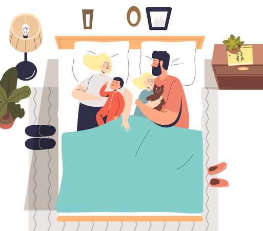 Family sleeping together on bed Illustration