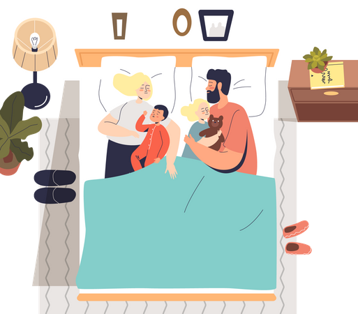 Family sleeping together on bed  Illustration