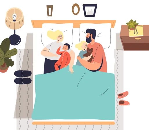 Family sleeping together on bed  Illustration