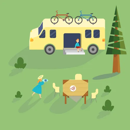 Family Spend Time On Nature At The Camping Truck Idea Of Travel And Vacation Woman With Food Outdoor Activity Vector Illustration In Cartoon Style Illustration