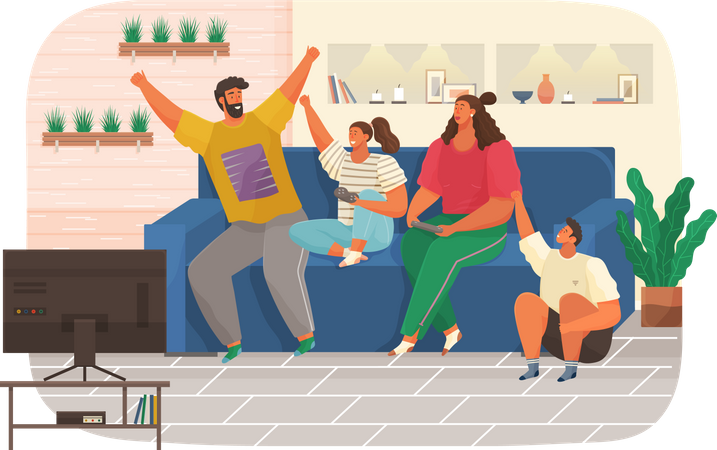 Family spend time together in living room  Illustration