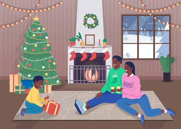 Family spending quality time on christmas eve  Illustration