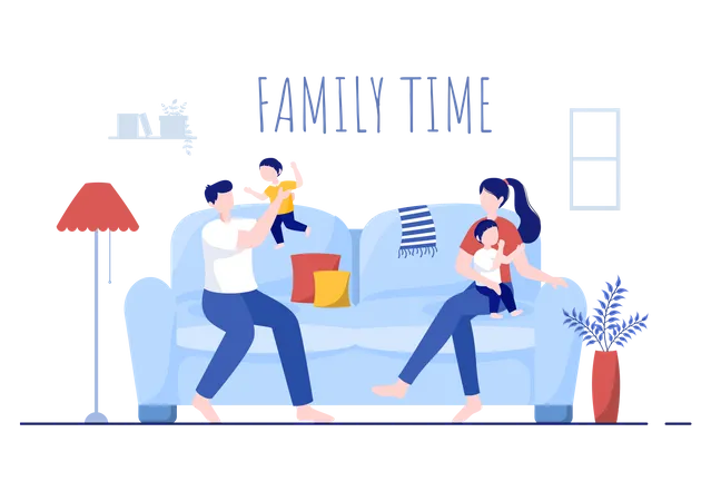 Family Time Of Joyful Parents And Children Spending Time Together At Home Doing Various Relaxing Activities In Cartoon Flat Illustration For Poster Or Background Illustration