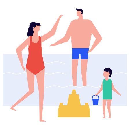 Family spending time at beach Illustration