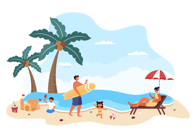 Family Spending Time at Beach  Illustration