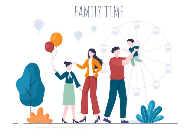 Family Time Of Joyful Parents And Children Spending Time Together At Park Doing Various Relaxing Activities In Cartoon Flat Illustration For Poster Or Background Illustration