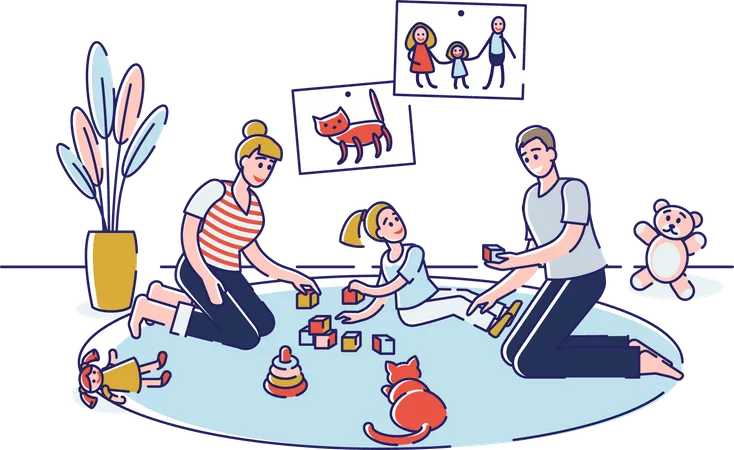 Concept Of Parents Spending Leisure With Children At Home Father And Mother Play Toys With Daughter Sit On The Floor In Living Room Or Playroom Cartoon Linear Outline Flat Style Vector Illustration Illustration