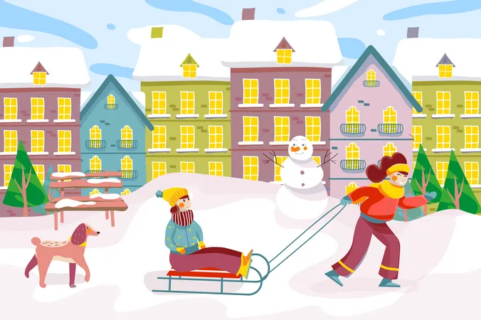 Family spends time during winter Illustration