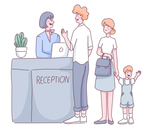 Family standing at airport checkout terminal Illustration