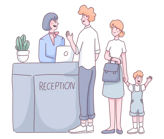 Tourist Families Standing At Airport Check In Counter Or Accommodation And Reception With Laptop Father Talk With Young Woman And Mother Holding Sons Hand In Cartoon Character Flat Vector Illustration Illustration