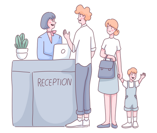 Family standing at airport checkout terminal  Illustration