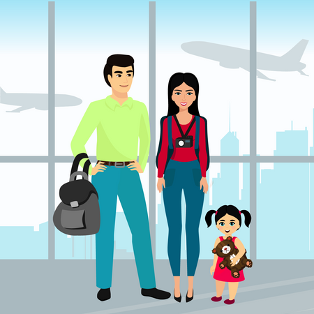 Family standing at airport  イラスト
