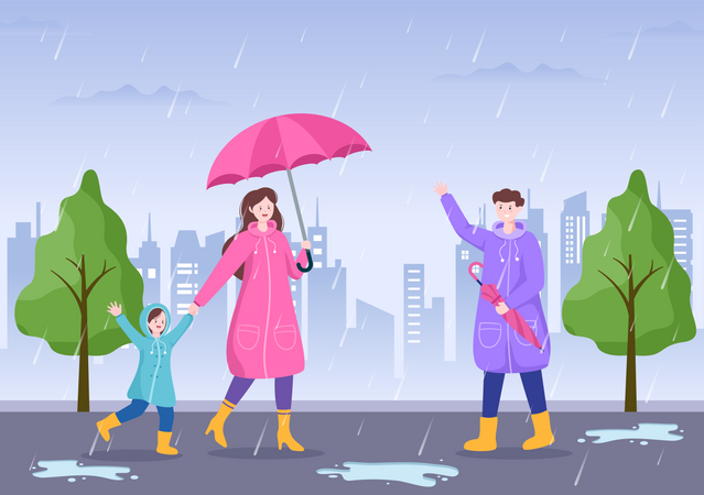Family standing in rain Illustration