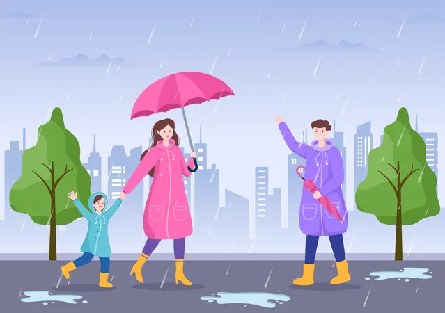 Family standing in rain  Illustration