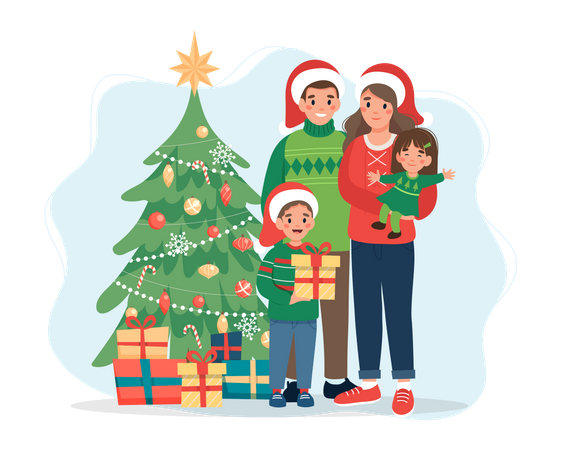 Family standing near christmas tree  Illustration